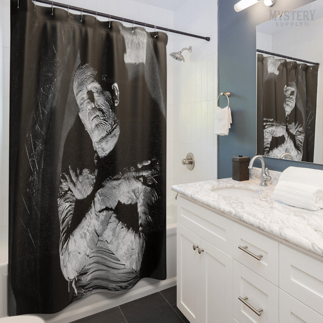 The Mummy 1932 Vintage Horror Movie Monster Boris Karloff Coffin Black and White Photo reproduction shower curtain bathroom decor from Mystery Supply Co. @mysterysupplyco