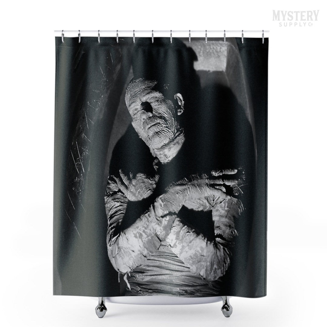 The Mummy 1932 Vintage Horror Movie Monster Boris Karloff Coffin Black and White Photo reproduction shower curtain bathroom decor from Mystery Supply Co. @mysterysupplyco