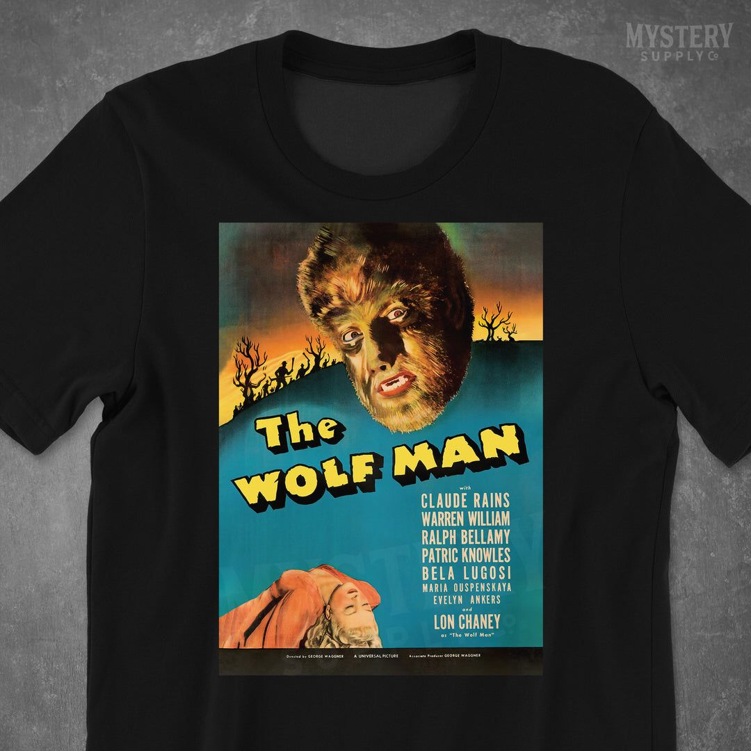 The Wolf Man 1941 vintage Lon Chaney Jr. horror monster werewolf movie poster reproduction mens womens unisex crew neck t-shirt from Mystery Supply Co. @mysterysupplyco