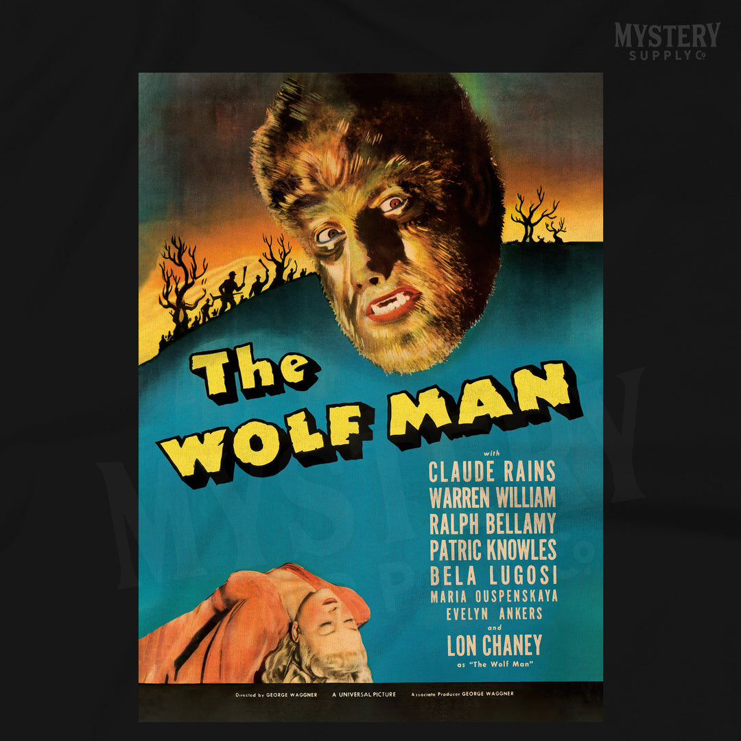 The Wolf Man 1941 vintage Lon Chaney Jr. horror monster werewolf movie poster reproduction mens womens unisex crew neck t-shirt from Mystery Supply Co. @mysterysupplyco