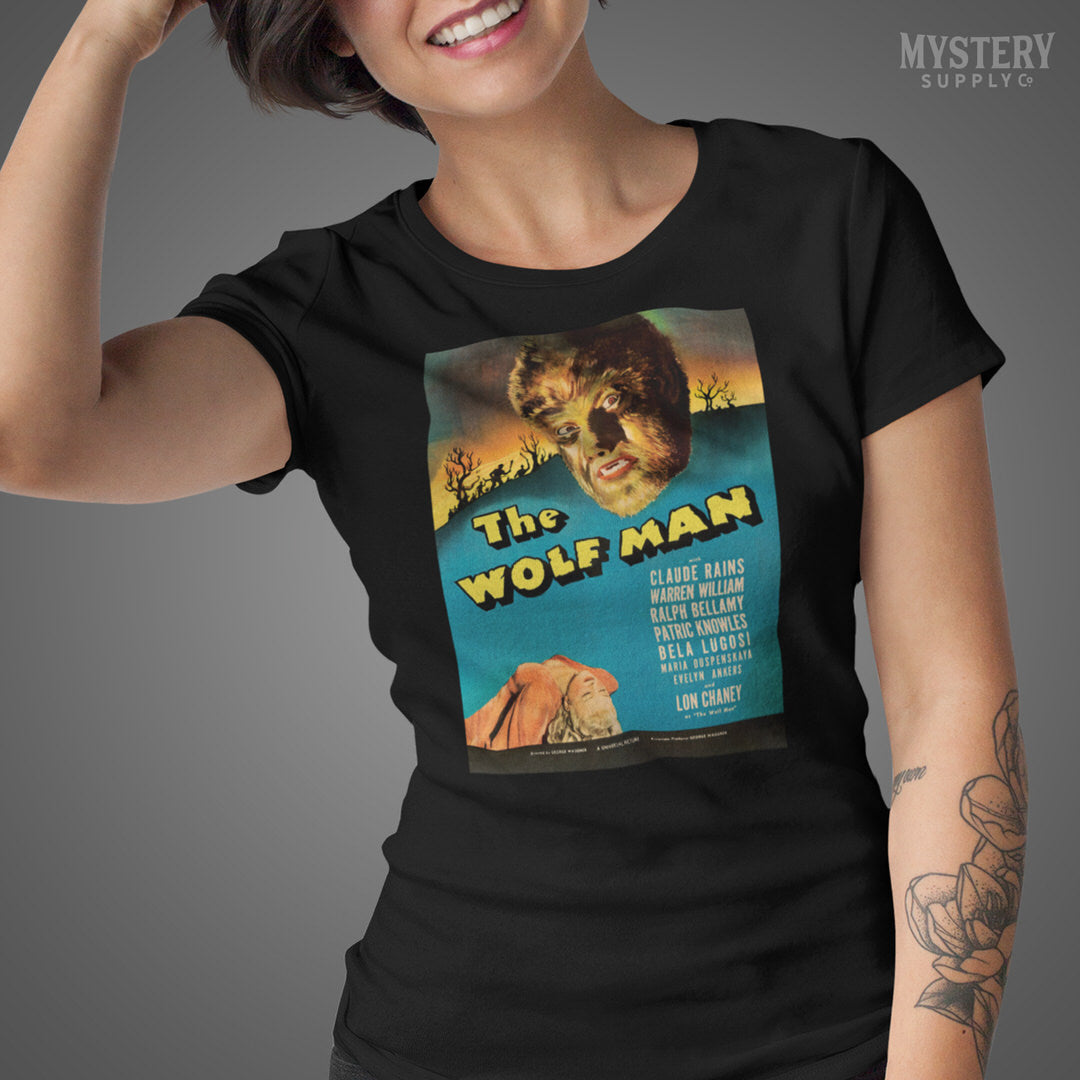 The Wolf Man 1941 vintage Lon Chaney Jr. horror monster werewolf movie poster reproduction mens womens unisex crew neck t-shirt from Mystery Supply Co. @mysterysupplyco