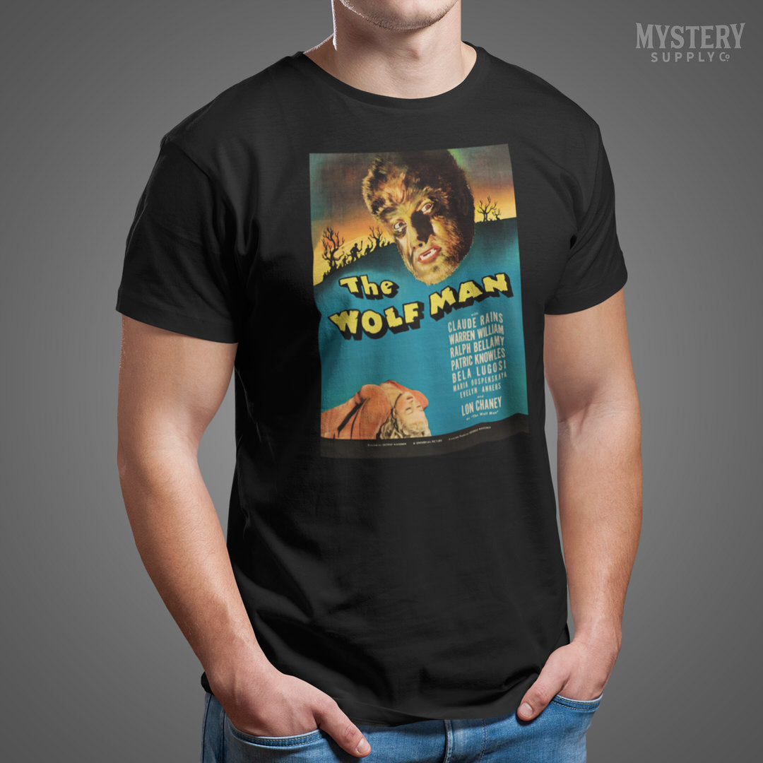 The Wolf Man 1941 vintage Lon Chaney Jr. horror monster werewolf movie poster reproduction mens womens unisex crew neck t-shirt from Mystery Supply Co. @mysterysupplyco