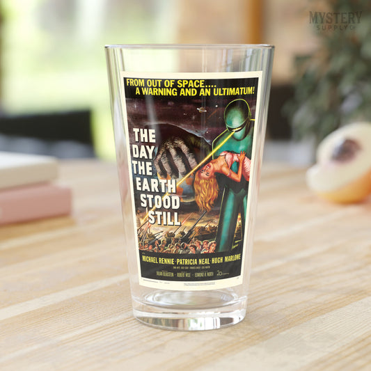 The Day the Earth Stood Still 1951 vintage science fiction robot movie poster reproduction 16oz pint glass home decor glassware from Mystery Supply Co. @mysterysupplyco