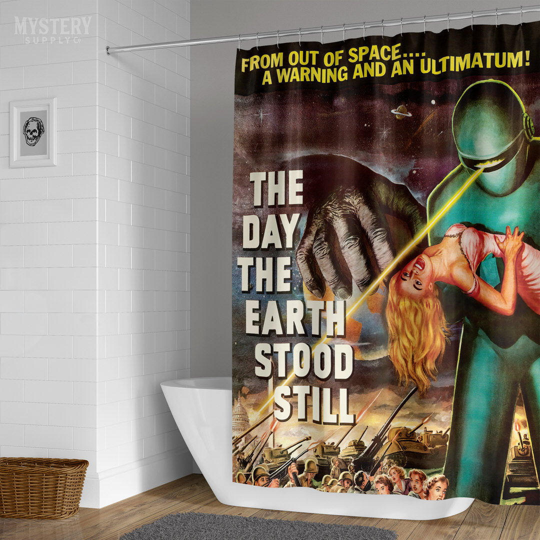 The Day the Earth Stood Still 1951 vintage science fiction robot movie poster reproduction shower curtain bathroom decor from Mystery Supply Co. @mysterysupplyco