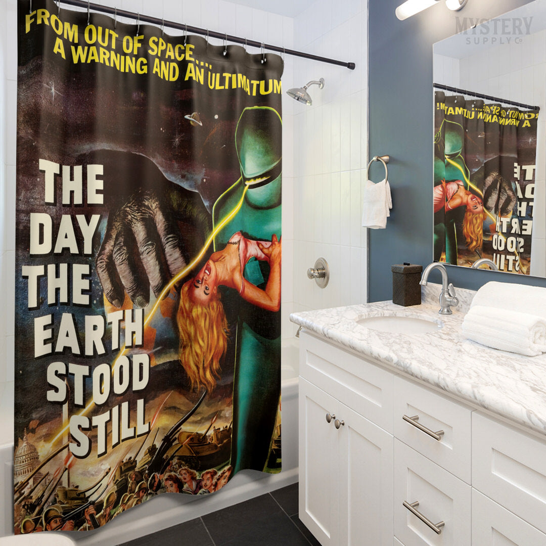 The Day the Earth Stood Still 1951 vintage science fiction robot movie poster reproduction shower curtain bathroom decor from Mystery Supply Co. @mysterysupplyco