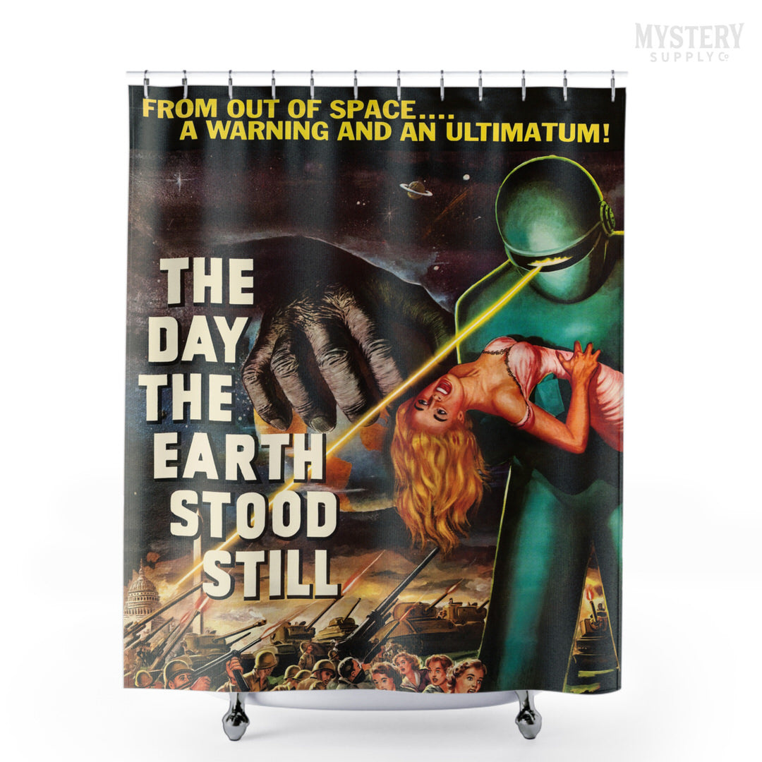 The Day the Earth Stood Still 1951 vintage science fiction robot movie poster reproduction shower curtain bathroom decor from Mystery Supply Co. @mysterysupplyco