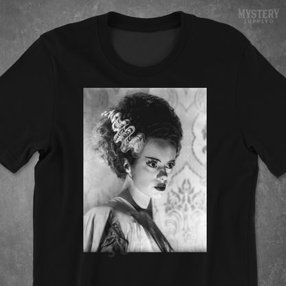 Bride of Frankenstein 1935 Vintage Horror Movie Monster Black and White Dramatic Photo reproduction mens womens unisex crew neck t-shirt from Mystery Supply Co. @mysterysupplyco