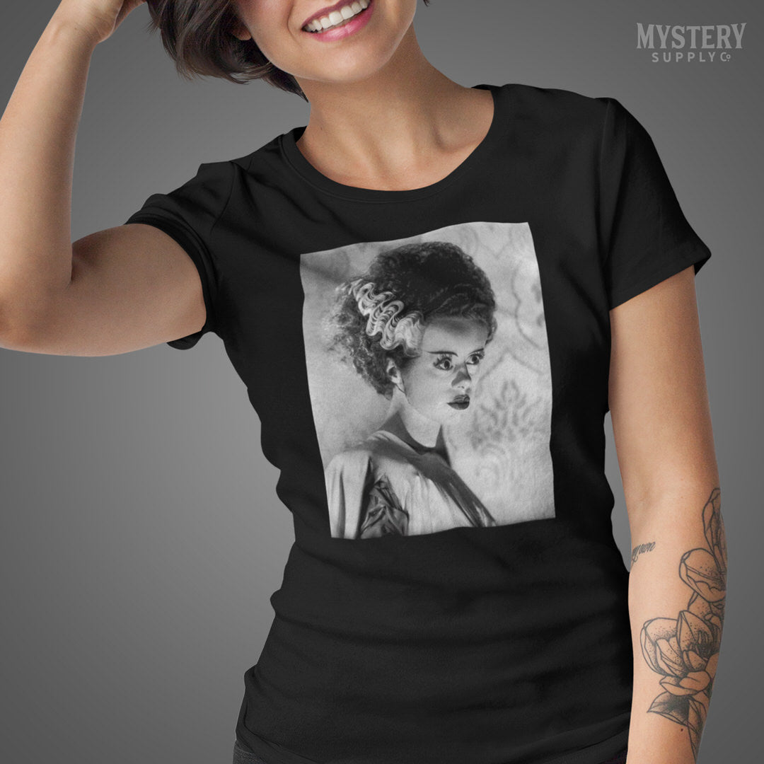 Bride of Frankenstein 1935 Vintage Horror Movie Monster Black and White Dramatic Photo reproduction mens womens unisex crew neck t-shirt from Mystery Supply Co. @mysterysupplyco