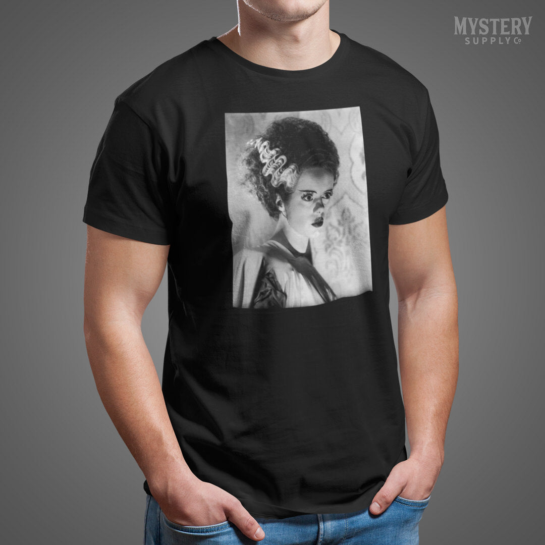 Bride of Frankenstein 1935 Vintage Horror Movie Monster Black and White Dramatic Photo reproduction mens womens unisex crew neck t-shirt from Mystery Supply Co. @mysterysupplyco