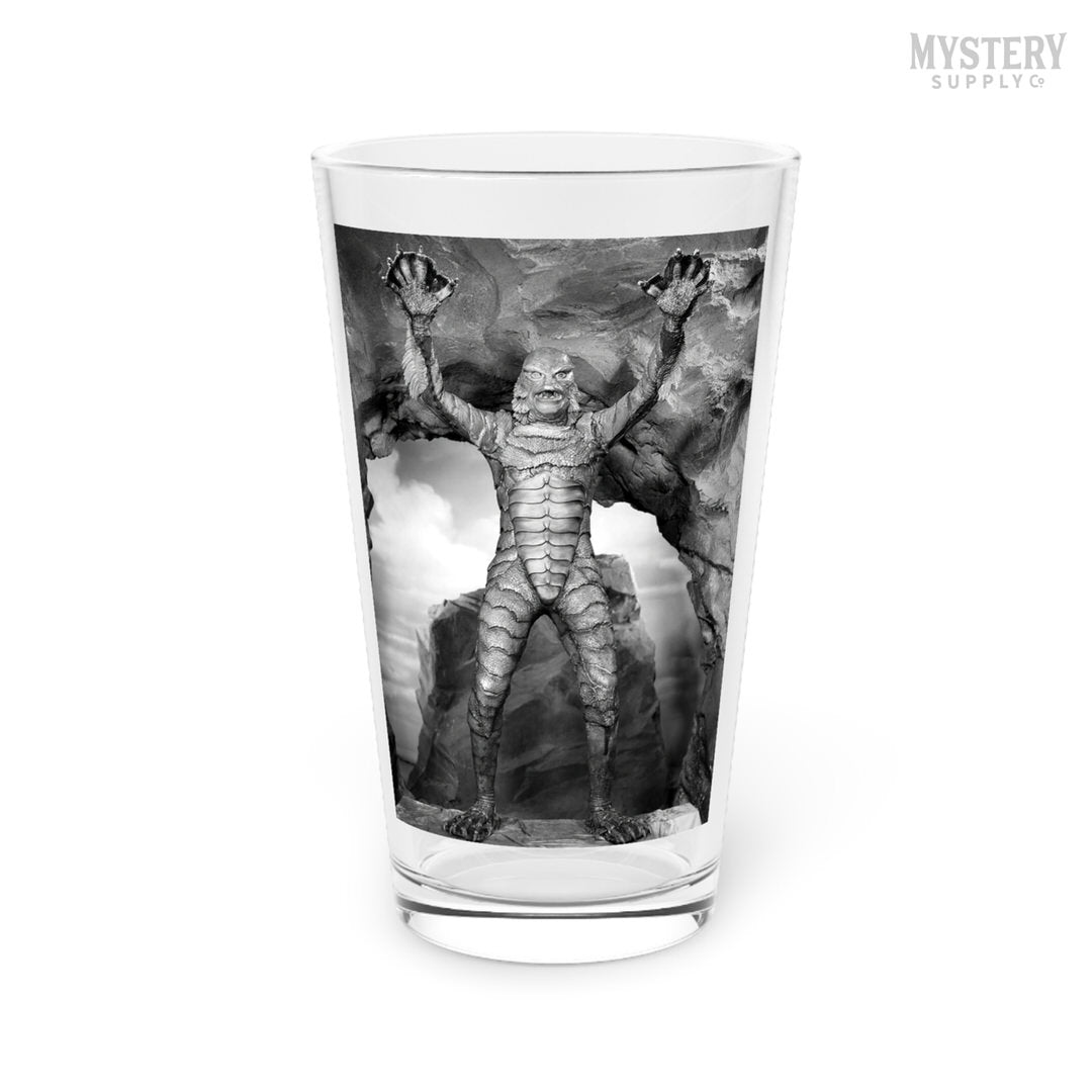 Creature from the Black Lagoon 1954 vintage horror monster gill man scary pose black and white photo reproduction 16oz pint glass home decor glassware from Mystery Supply Co. @mysterysupplyco