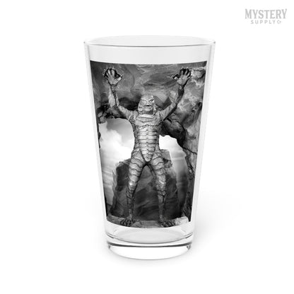 Creature from the Black Lagoon 1954 vintage horror monster gill man scary pose black and white photo reproduction 16oz pint glass home decor glassware from Mystery Supply Co. @mysterysupplyco