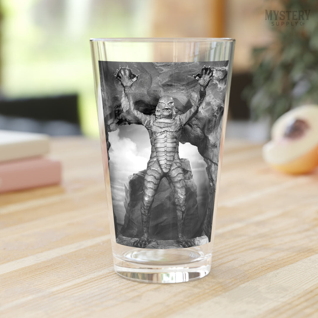 Creature from the Black Lagoon 1954 vintage horror monster gill man scary pose black and white photo reproduction 16oz pint glass home decor glassware from Mystery Supply Co. @mysterysupplyco