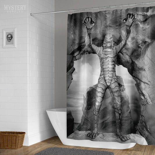 Creature from the Black Lagoon 1954 vintage horror monster gill man scary pose black and white photo reproduction shower curtain bathroom decor from Mystery Supply Co. @mysterysupplyco