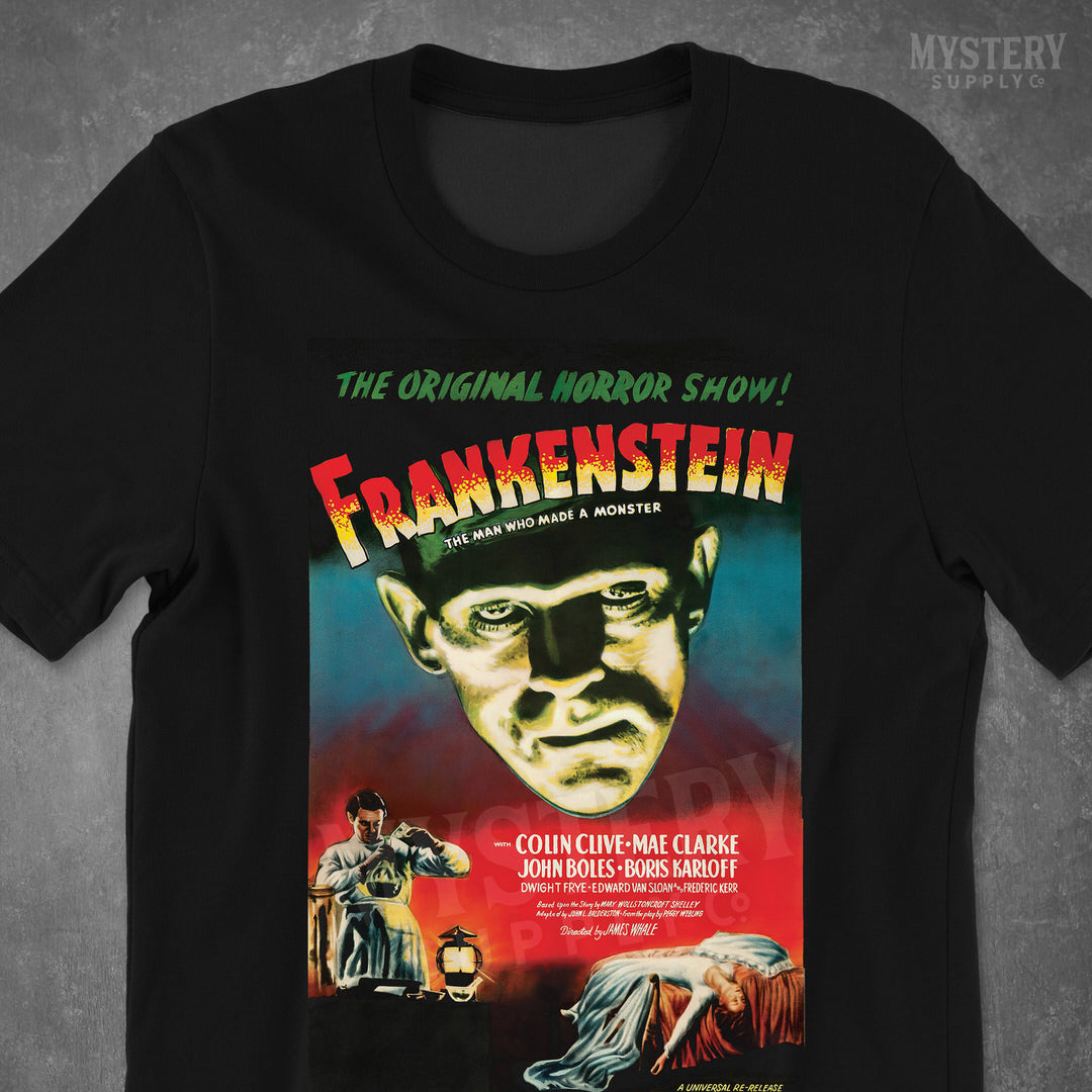 Frankenstein 1947 vintage horror monster movie poster reproduction mens womens unisex crew neck t-shirt from Mystery Supply Co. @mysterysupplyco