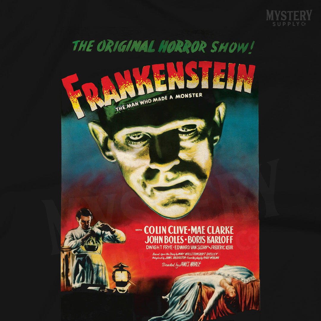 Frankenstein 1947 vintage horror monster movie poster reproduction mens womens unisex crew neck t-shirt from Mystery Supply Co. @mysterysupplyco