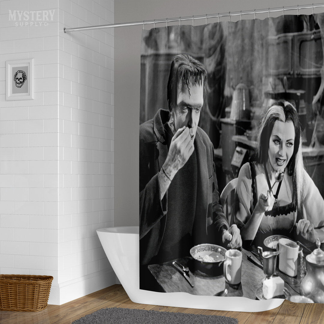 Herman and Lily Munster 1960s Vintage The Munsters Frankenstein Vampire Horror Monster Couple Black and White Photo reproduction shower curtain bathroom decor from Mystery Supply Co. @mysterysupplyco