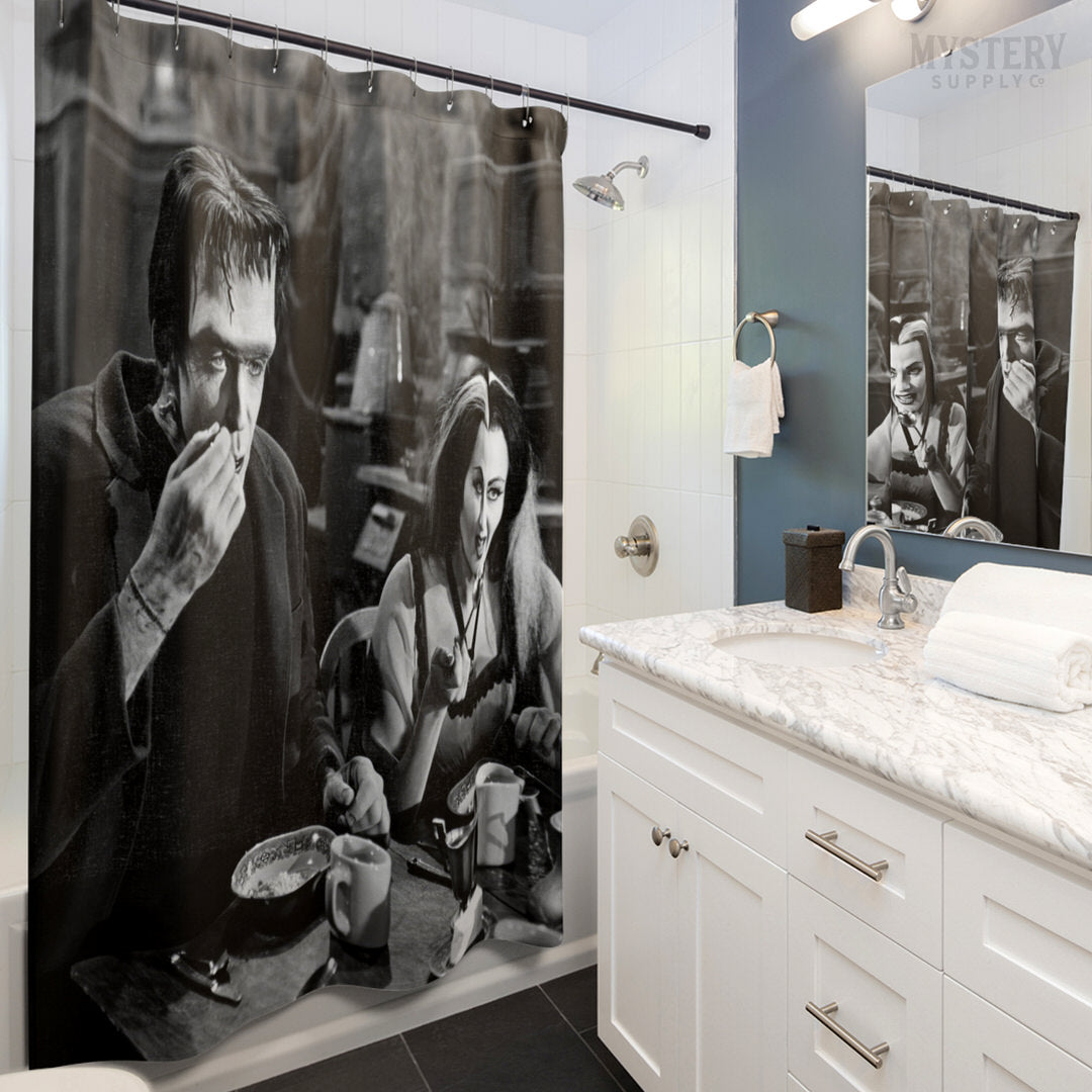 Herman and Lily Munster 1960s Vintage The Munsters Frankenstein Vampire Horror Monster Couple Black and White Photo reproduction shower curtain bathroom decor from Mystery Supply Co. @mysterysupplyco