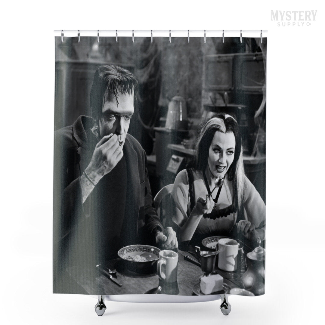 Herman and Lily Munster 1960s Vintage The Munsters Frankenstein Vampire Horror Monster Couple Black and White Photo reproduction shower curtain bathroom decor from Mystery Supply Co. @mysterysupplyco