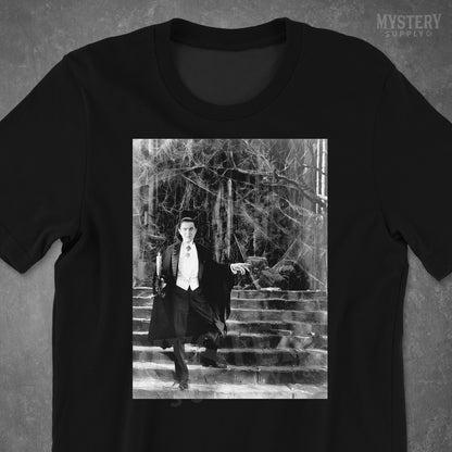 Dracula 1930s Vintage Bela Lugosi Horror Movie Vampire Monster Spooky Candle Steps Cobwebs Black and White Photo reproduction mens womens unisex crew neck t-shirt from Mystery Supply Co. @mysterysupplyco