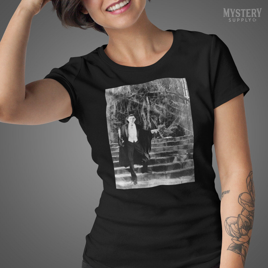 Dracula 1930s Vintage Bela Lugosi Horror Movie Vampire Monster Spooky Candle Steps Cobwebs Black and White Photo reproduction mens womens unisex crew neck t-shirt from Mystery Supply Co. @mysterysupplyco