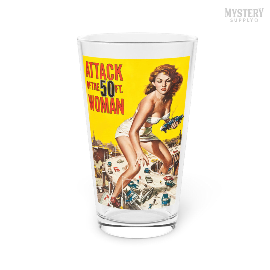 Attack of the 50 Foot Woman 1958 vintage science fiction movie poster reproduction 16oz pint glass home decor glassware from Mystery Supply Co. @mysterysupplyco