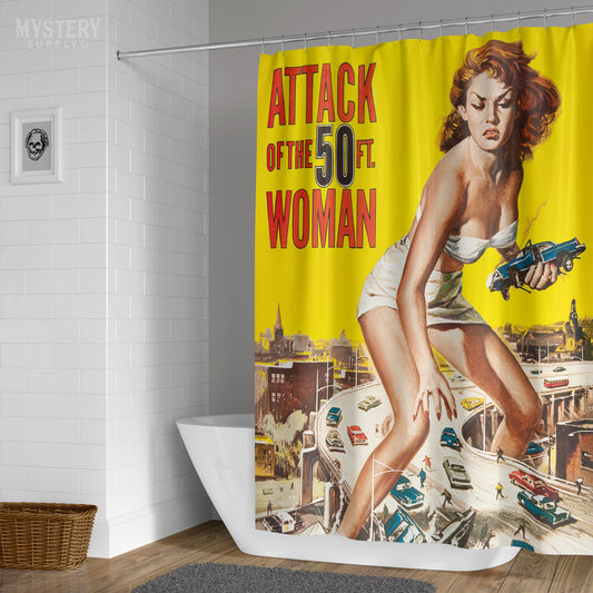 Attack of the 50 Foot Woman 1958 vintage science fiction movie poster reproduction shower curtain bathroom decor from Mystery Supply Co. @mysterysupplyco