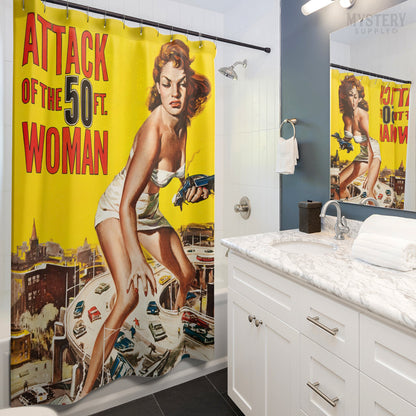 Attack of the 50 Foot Woman 1958 vintage science fiction movie poster reproduction shower curtain bathroom decor from Mystery Supply Co. @mysterysupplyco