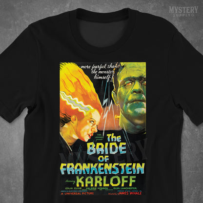 The Bride of Frankenstein 1935 vintage horror monster movie poster reproduction mens womens unisex crew neck t-shirt from Mystery Supply Co. @mysterysupplyco