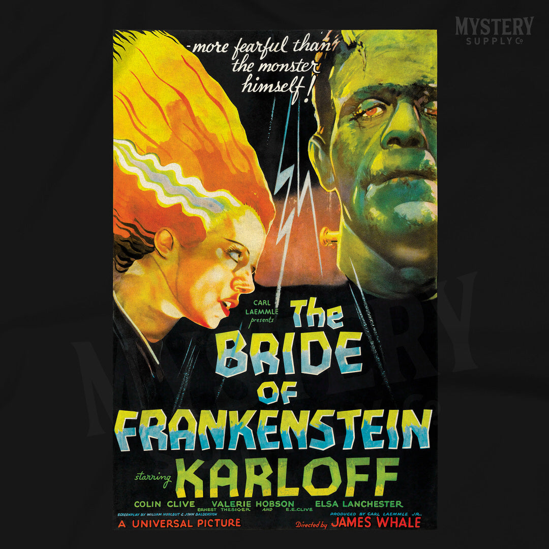 The Bride of Frankenstein 1935 vintage horror monster movie poster reproduction mens womens unisex crew neck t-shirt from Mystery Supply Co. @mysterysupplyco