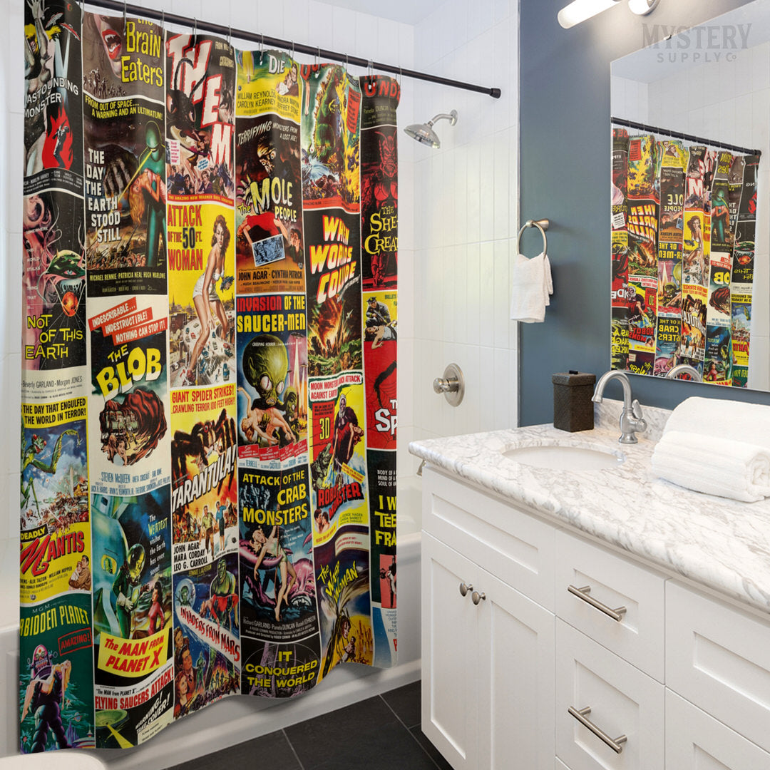 1950s Vintage Horror and Sci-Fi Movie Posters shower curtain bathroom decor from Mystery Supply Co. @mysterysupplyco