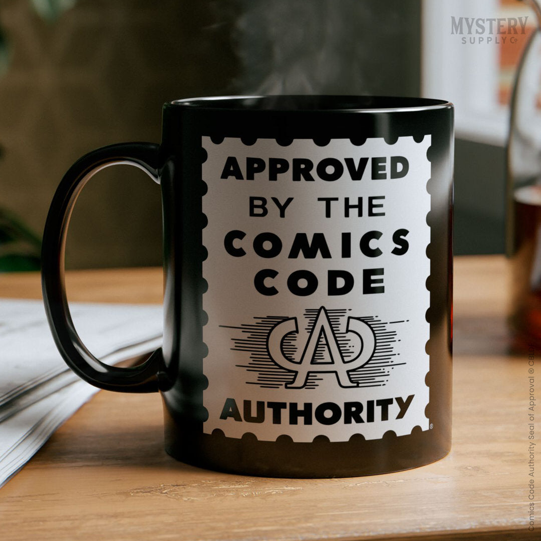 Approved by the Comics Code Authority 11oz black ceramic vintage comic book coffee mug from Mystery Supply Co. @mysterysupplyco