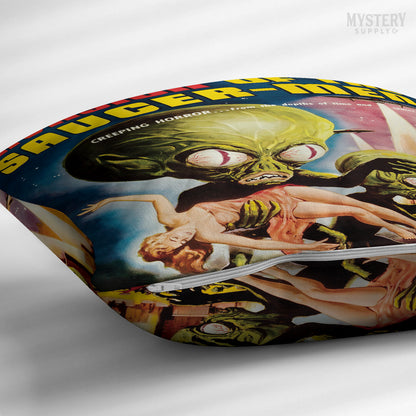 Invasion of the Saucer-Men 1957 vintage science fiction UFO flying saucer alien martian double sided decorative throw pillow home decor from Mystery Supply Co. @mysterysupplyco
