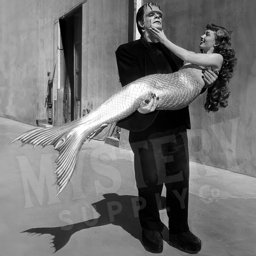 Frankenstein Carrying Mermaid 1948 Vintage Horror Movie Monster Glenn Strange Ann Blyth Mermaid Behind the Scenes Black and White Photo reproduction from Mystery Supply Co. @mysterysupplyco