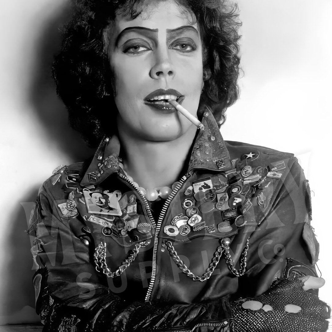 Rocky Horror Picture Show 1970s Dr. Frank-N-Furter Tim Curry Black and White Photo reproduction from Mystery Supply Co. @mysterysupplyco