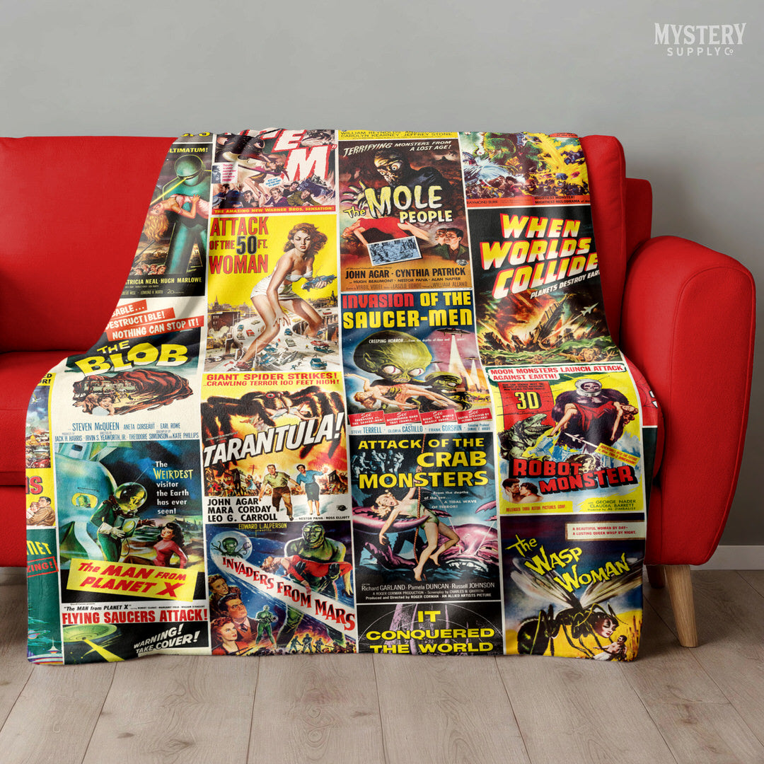 1950s Vintage Horror and Sci-Fi Movie Posters velveteen plush throw blanket from Mystery Supply Co. @mysterysupplyco