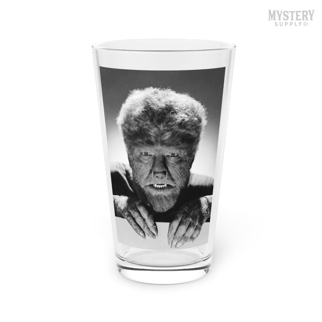 The Wolf Man 1941 Vintage Horror Movie Monster Lon Chaney Jr. Werewolf fangs and claws Black and White photo reproduction 16oz clear pint glass home decor glassware from Mystery Supply Co. @mysterysupplyco