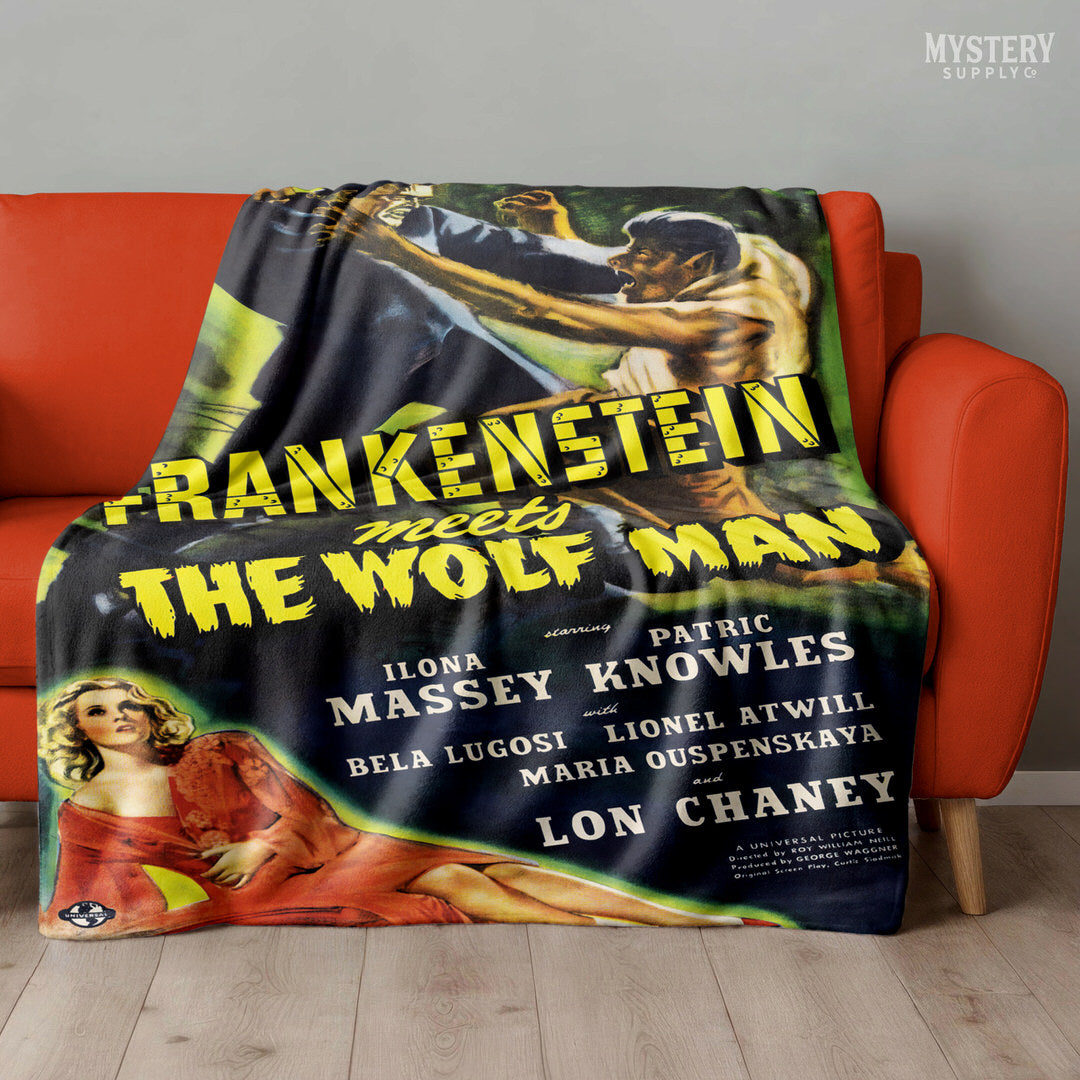Frankenstein Meets the Wolf Man 1943 vintage horror monster werewolf velveteen plush throw blanket from Mystery Supply Co. @mysterysupplyco