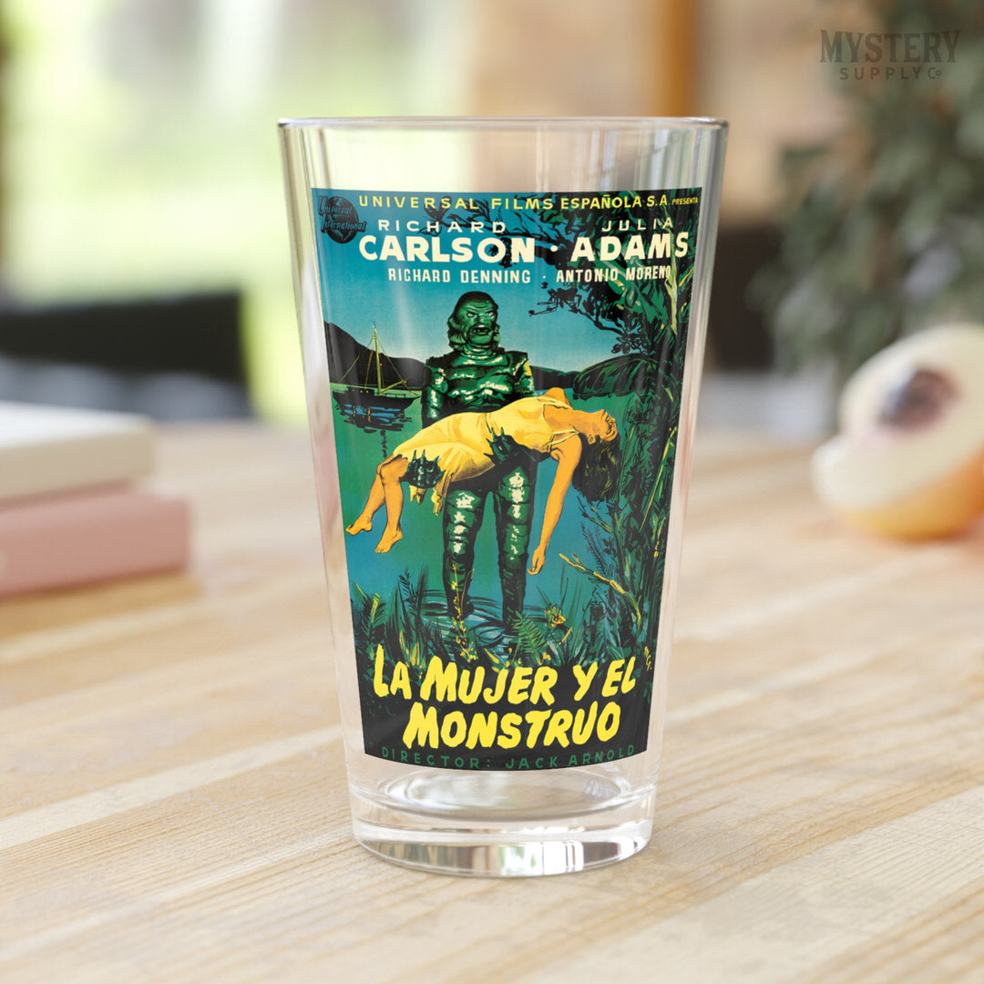 Creature from the Black Lagoon 1954 vintage Spanish Gill Man horror monster movie poster reproduction 16oz clear pint glass home decor glassware from Mystery Supply Co. @mysterysupplyco