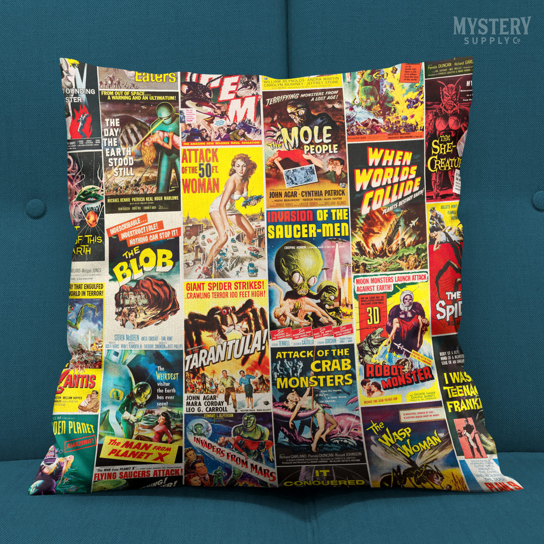 1950s Vintage Horror and Sci-Fi Movie Posters double-sided decorative throw pillow home decor from Mystery Supply Co. @mysterysupplyco