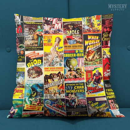 1950s Vintage Horror and Sci-Fi Movie Posters double-sided decorative throw pillow home decor from Mystery Supply Co. @mysterysupplyco