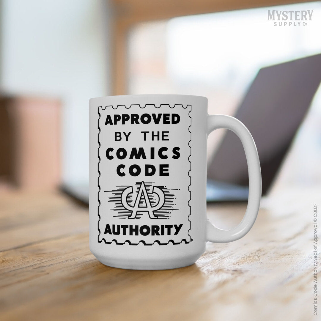 Approved by the Comics Code Authority 15oz white ceramic vintage comic book coffee mug from Mystery Supply Co. @mysterysupplyco