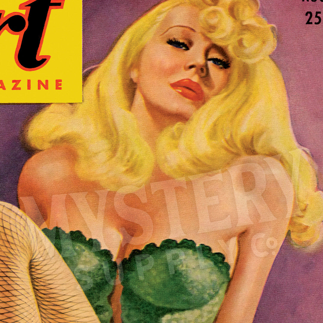 Flirt August 1951 vintage pinup lingerie fishnet stockings heels corset pulp magazine cover reproduction from Mystery Supply Co. @mysterysupplyco