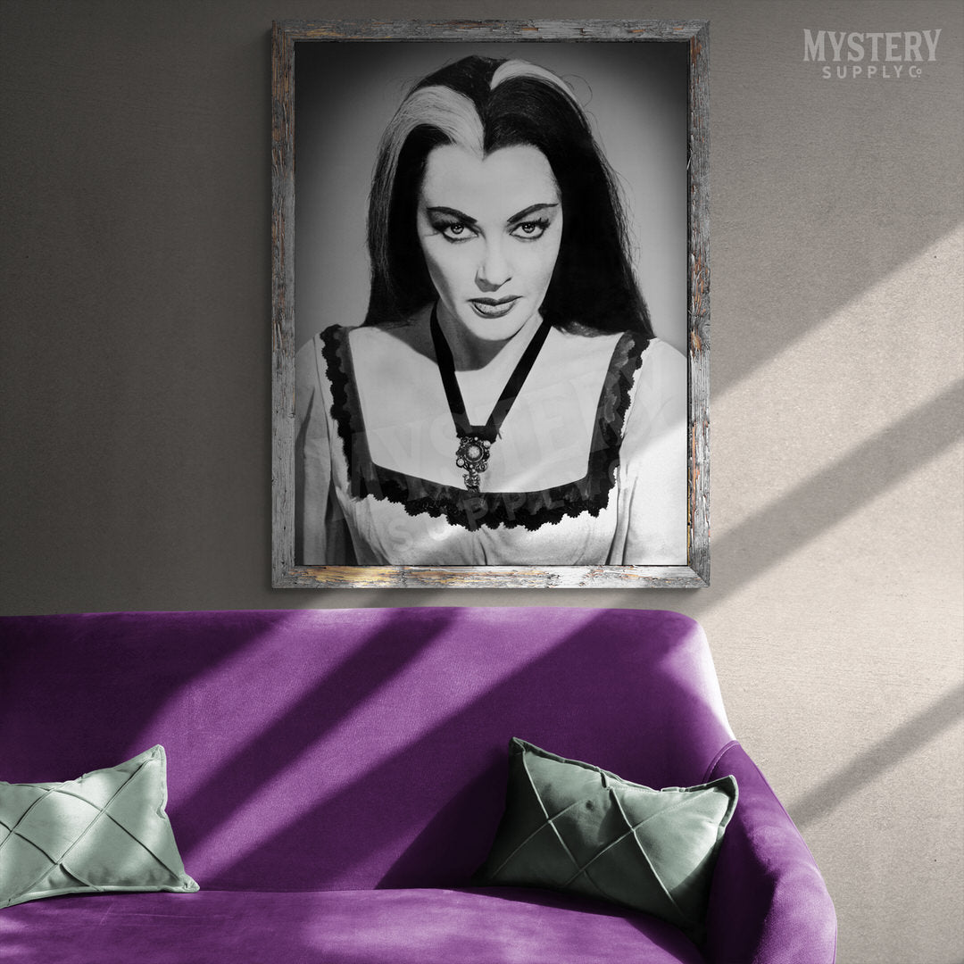 Lily Munster Yvonne De Carlo 1960s Vintage The Munsters Vampire Horror Monster Beauty Black and White Photo reproduction from Mystery Supply Co. @mysterysupplyco