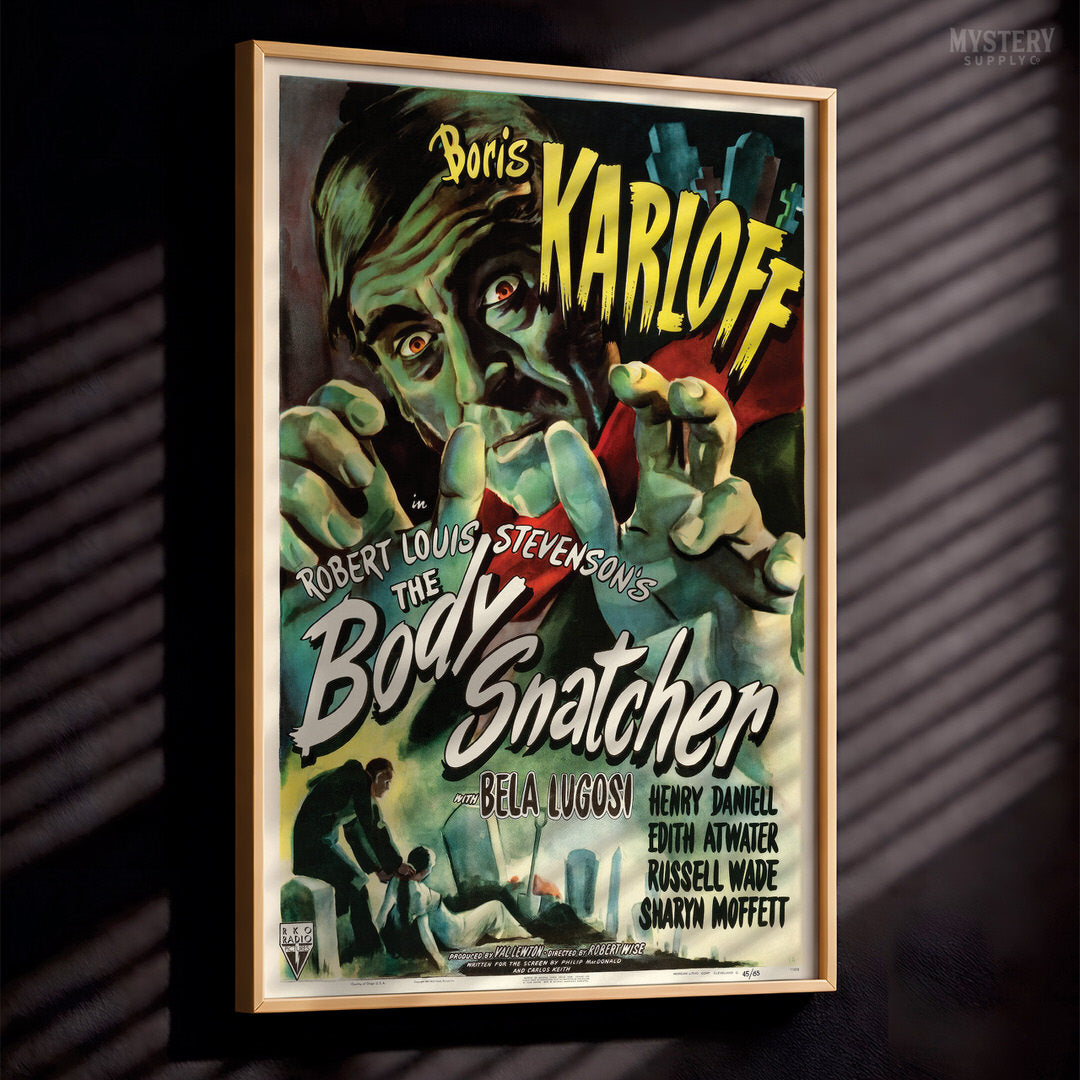 The Body Snatcher 1945 vintage Boris Karloff Bela Lugosi horror movie poster reproduction from Mystery Supply Co. 