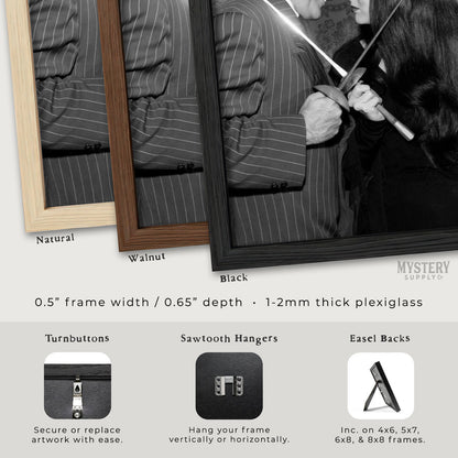 Morticia and Gomez Fencing 1960s Vintage Addams Family Black and White Photo Reproduction wall decor art print from Mystery Supply Co. @mysterysupplyco
