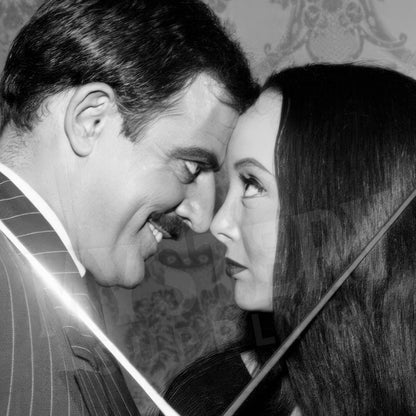 Morticia and Gomez Fencing 1960s Vintage Addams Family Black and White Photo Reproduction wall decor art print from Mystery Supply Co. @mysterysupplyco