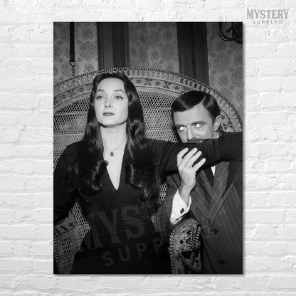Morticia and Gomez 1960s Vintage Addams Family Black and White Photo Reproduction wall decor art print from Mystery Supply Co. @mysterysupplyco
