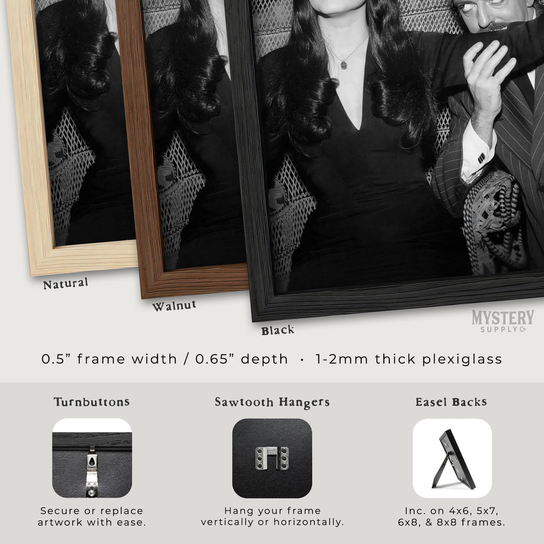 Morticia and Gomez 1960s Vintage Addams Family Black and White Photo Reproduction wall decor art print from Mystery Supply Co. @mysterysupplyco
