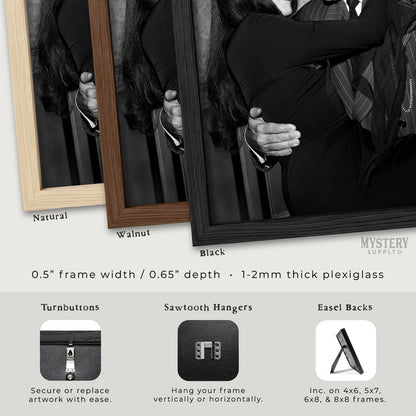 Three picture frames in natural, walnut, and black with frame width and plexiglass thickness details.