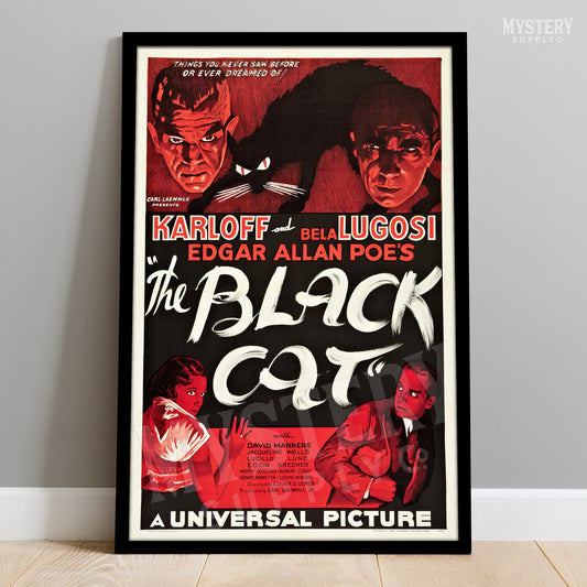 Vintage movie poster for 'The Black Cat' with classic horror imagery, framed on a wall.  From Mystery Supply Co.